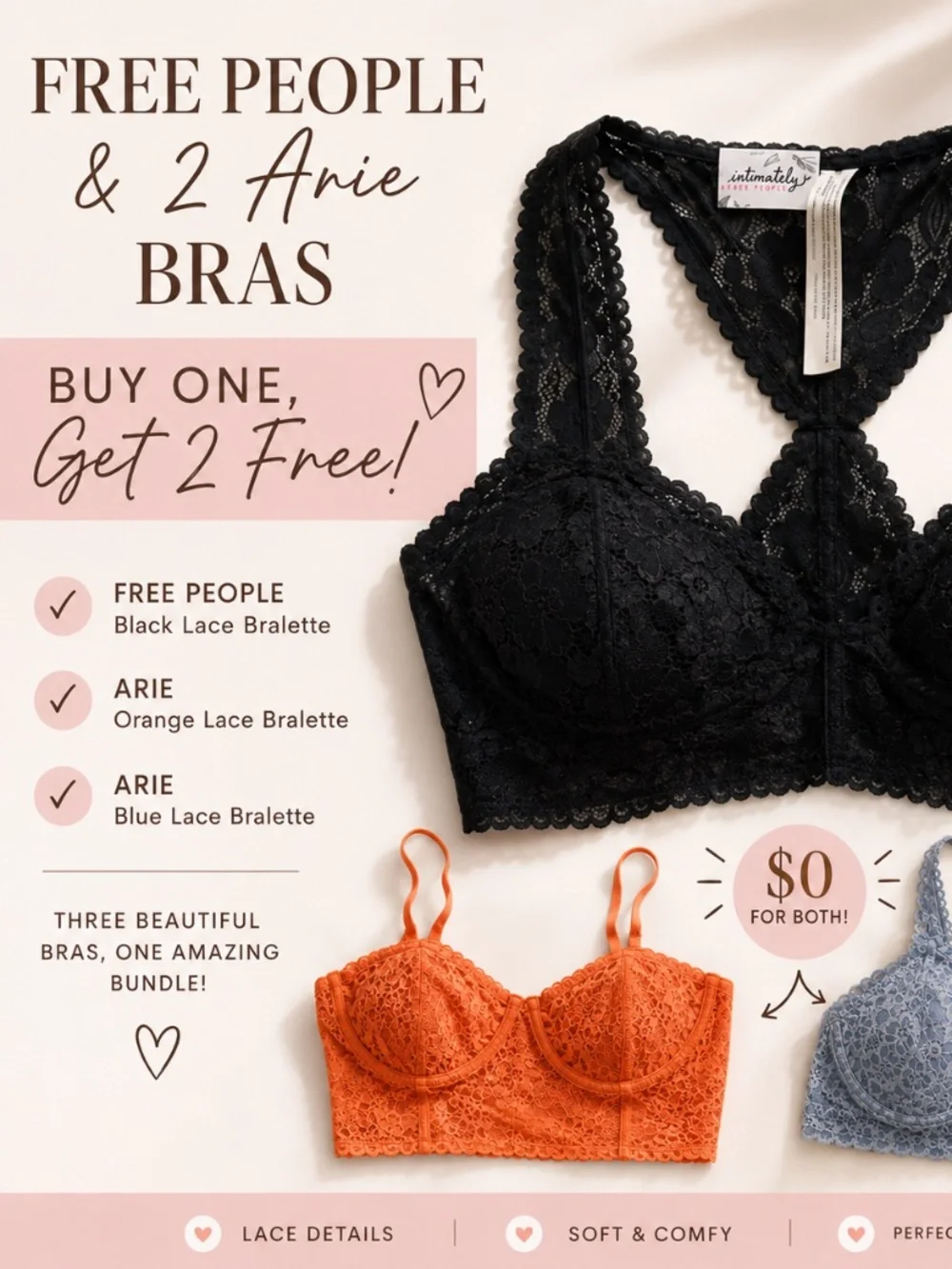 Free People & Aerie Lace Bralette Bundle | 3 Bras | Buy 1 Get 2 Free | M/L